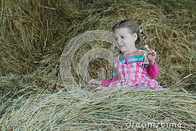 Happy preschooler girl wearing striped and plaid playing in country farm hayloft among dried loose grass hay Stock Photo