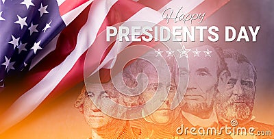 Happy Presidents Day Concept with the US national Flag against a collage American Presidents portraits cut of Dollar Stock Photo