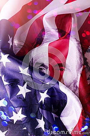 Happy Presidents Day Concept with the US national Flag against a collage American Presidents portraits cut of Dollar Stock Photo