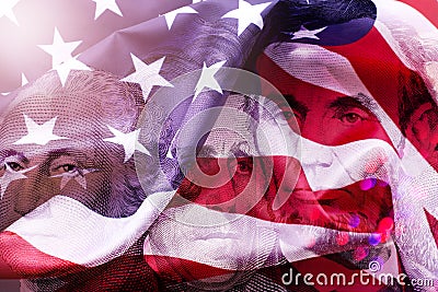 Happy Presidents Day Concept with the US national Flag against a collage American Presidents portraits cut of Dollar Stock Photo