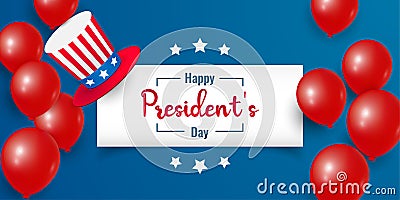 Happy Presidents Day with stars, balloons and hat. Vector illustration background text lettering for President`s day in USA. Cartoon Illustration