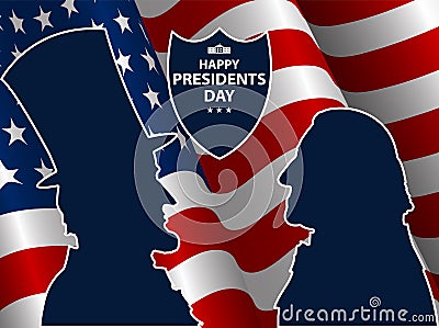 Happy Presidents Day in USA Background. George Washington and Abraham Lincoln silhouettes with flag as background. Vector Illustration