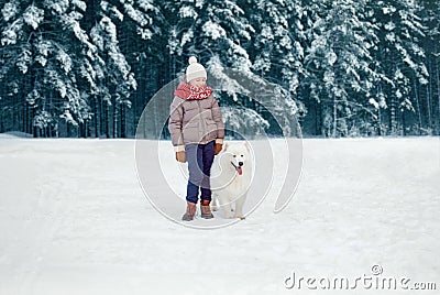 Happy preteen boy walking with his white Samoyed dog in winter snowy day over trees forest Stock Photo