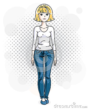 Happy pretty young blonde woman standing on modern background with bubbles and wearing casual clothes. Vector Illustration