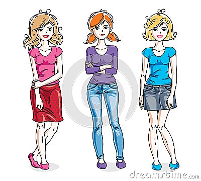 Happy pretty young women standing wearing casual clothes. Vector Vector Illustration