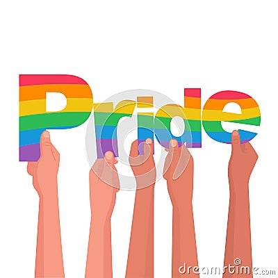 Happy pride day. Colored letters in the hands of gay bisexuals and freedom fighters Cartoon Illustration