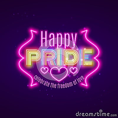 Happy Pride LGBT equality, gay love celebration, neon design, vector illustration Vector Illustration