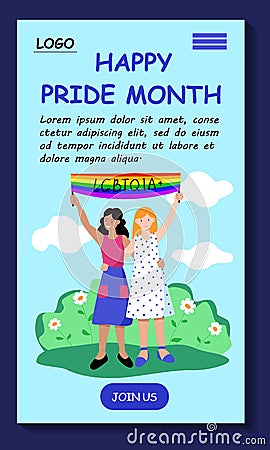Happy pride month. LGBT mobile app template. Lesbian family two young women with rainbow flag. Web site design easy to edit and c Vector Illustration