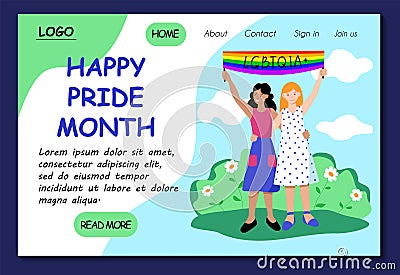 Happy pride month. Lgbt website template. Lesbian family two young women with rainbow flag. Stock vector modern flat concept Cartoon Illustration