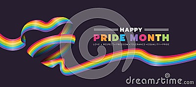 Happy Pride month text and rainbow pride ribbon roll make heart shape on dark background vector design Vector Illustration