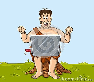 Happy primitive man is working with the laptop Vector Illustration