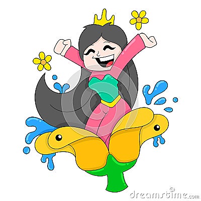 Happy princess nature guardian flowers blooming in spring, doodle icon image kawaii Vector Illustration