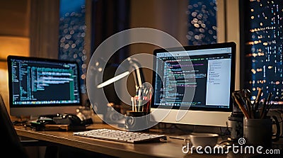 Happy Programmer Day, Code and Coffee - Show a close-up of a programmer's desk Stock Photo