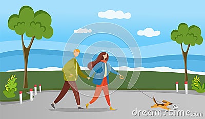 Happy promenade of owners with dog. Couple in relationship walking in forest with their pet. Vector Illustration