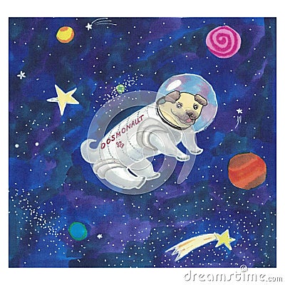 Happy pug is discovering space as astronaut Stock Photo