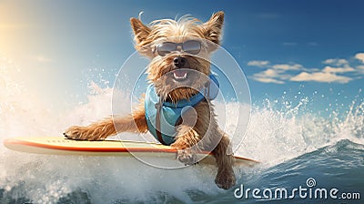 Happy puppy on summer vacation is surfing on the sea. Dog on the board floats on the wave Stock Photo