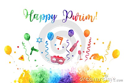 Happy Purim Jewish Holiday greeting card. traditional Purim carnival symbols watercolor design elements, icons isolated Vector Illustration