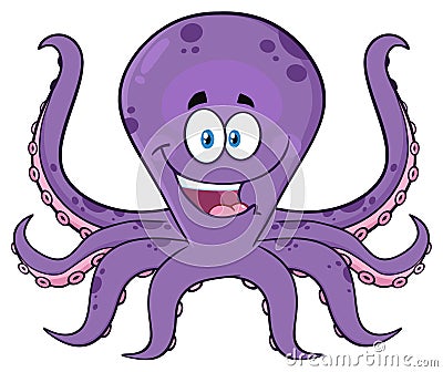 Happy Purple Octopus Cartoon Mascot Character Vector Illustration