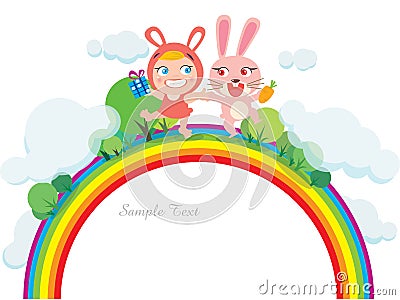 Happy rabbit and child on Rainbow Vector Illustration