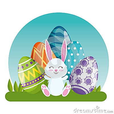 Happy rabbit with easter eggs with figures decoration Vector Illustration