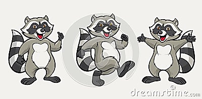 Happy raccoon cartoon set Vector Illustration