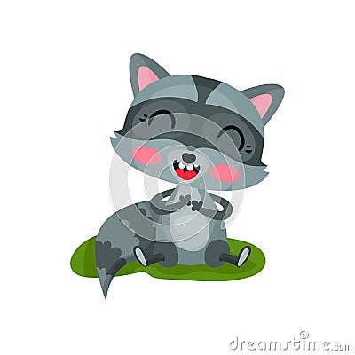 Happy raccoon sitting on green grass and laughing. Flat vector icon of wild forest animal with pink cheeks and striped Vector Illustration