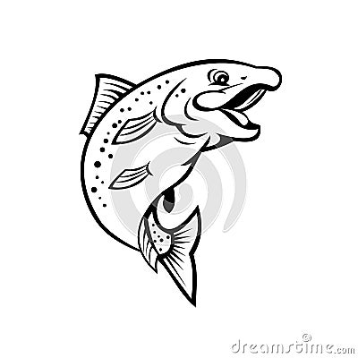 Happy Rainbow Trout or Salmon Fish Jumping Up Cartoon Black and White Vector Illustration