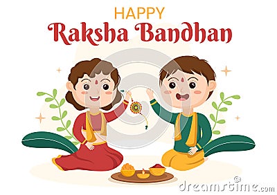 Happy Raksha Bandhan Cartoon Illustration with Sister Tying Rakhi on Her Brothers Wrist to Signify Bond of Love in Indian Festival Vector Illustration