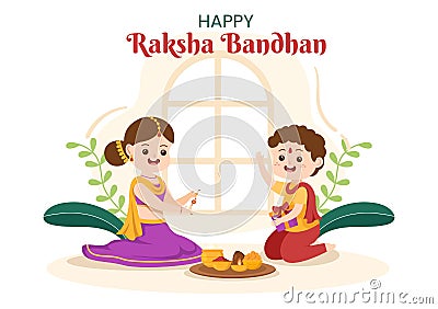 Happy Raksha Bandhan Cartoon Illustration with Sister Tying Rakhi on Her Brothers Wrist to Signify Bond of Love in Indian Festival Vector Illustration
