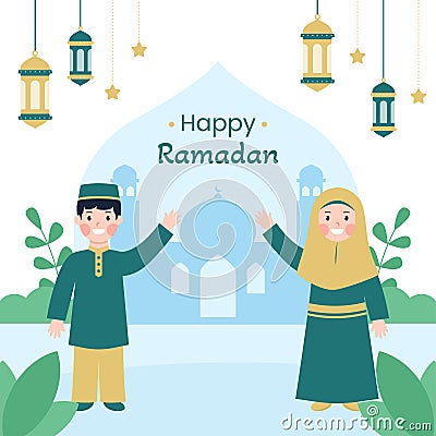 Happy ramadan with moslem kids flat design Vector Illustration