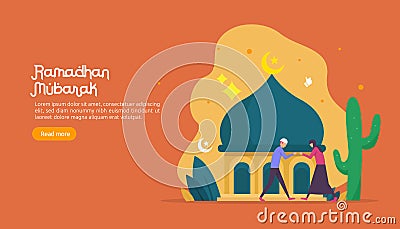 happy ramadan mubarak greeting concept with people character for web landing page template, banner, presentation, social, and Vector Illustration