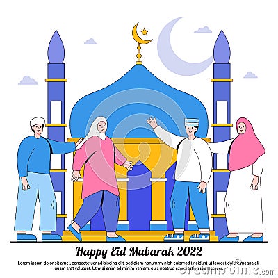 Happy Ramadan Mubarak Greeting with Group of Muslim Characters Vector Illustration