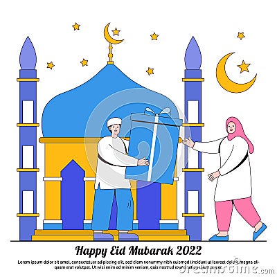 Happy Ramadan Mubarak Greeting with Star, Moon, and Muslim Characters Giving Present Vector Illustration