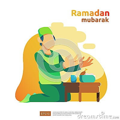 happy ramadan mubarak and islamic eid fitr or adha flat design greeting concept with people character for web landing page Vector Illustration