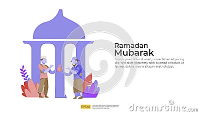happy ramadan mubarak and islamic eid fitr or adha flat design greeting concept with people character for web landing page Vector Illustration
