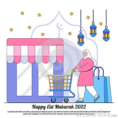 Happy Ramadan Mubarak with Star, Lantern, trolley, and Muslim Characters Go to Shopping Vector Illustration