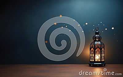 Happy Ramadan poster, copy space at the left. Muslim holiday banner with shining golden islamic lantern standing on the wooden Stock Photo