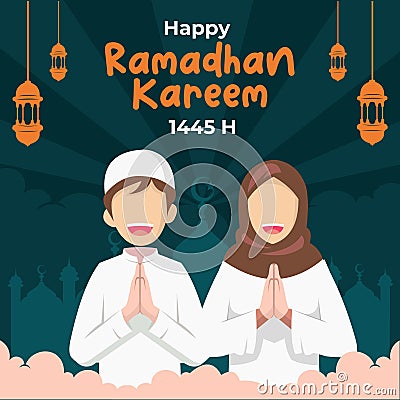 Happy ramadhan kareem 1445 greeting card vector isolated. Islamic muslim cartoon. Best for muslim and ramadhan related industry Vector Illustration