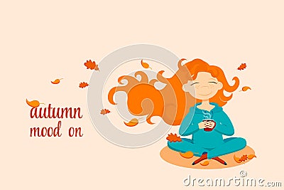 Happy red-haired girl is holding cup with hot drink in autum leaves. Vector flat illustration Vector Illustration