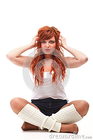 Happy redhairy woman girl in white headphones Stock Photo