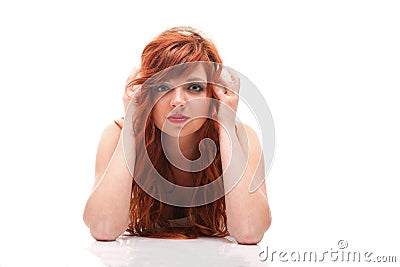 Happy redhairy woman girl in white headphones Stock Photo