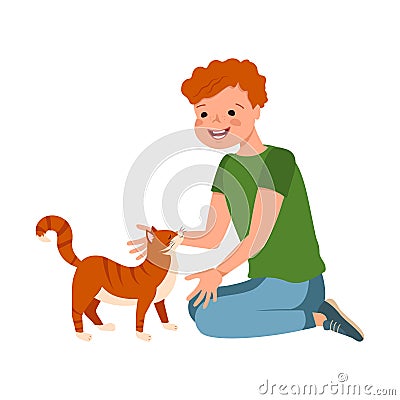 Happy redhead boy with freckles and cat Vector Illustration