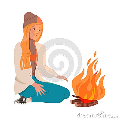 Happy Redhead Female Sitting at Campfire Looking at Burning Fire Vector Illustration Vector Illustration