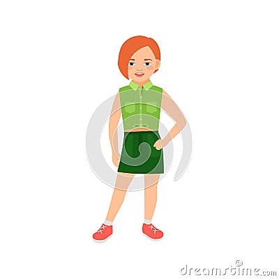 Happy redhead girl in green suit Vector Illustration