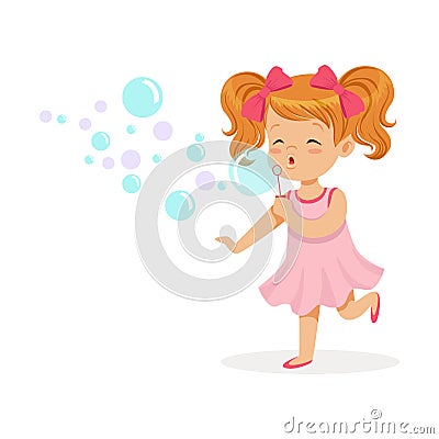 Happy redhead girl in pink dress blowing bubbles vector Illustration Vector Illustration