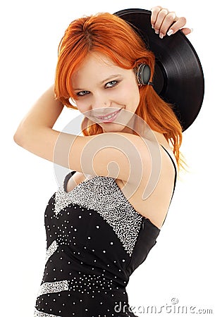 Happy redhead with vinyl record Stock Photo