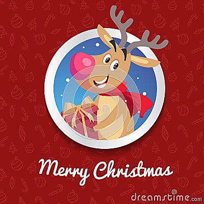 Happy Reindeer with big red nose and cute scarf smiling and taking gift box. Christmas poster or banner. Cartoon style. Red patte Vector Illustration