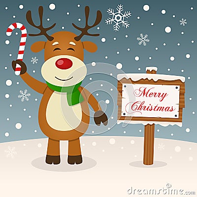 Happy Reindeer & Merry Christmas Sign Vector Illustration