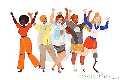 Happy and Rejoicing Group of People Characters Cheering Raising Hands Up Vector Illustration Vector Illustration