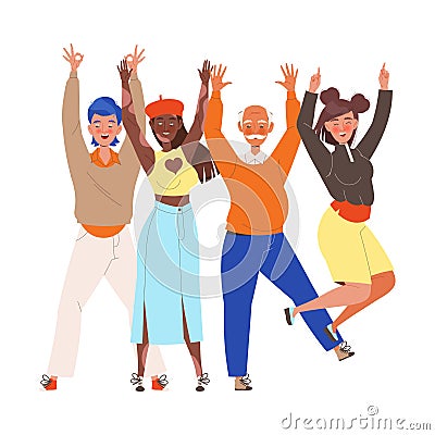 Happy and Rejoicing Group of People Characters Cheering Raising Hands Up Vector Illustration Vector Illustration